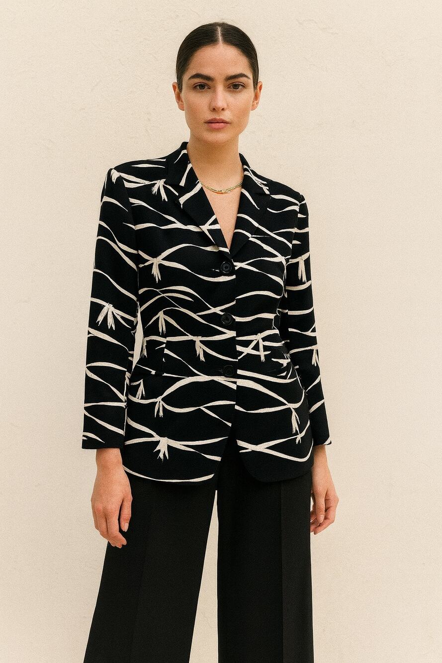 Vintage Escada Laurel 90s Statement Jacket Blazer Black White 38 Silk Ribbon 6